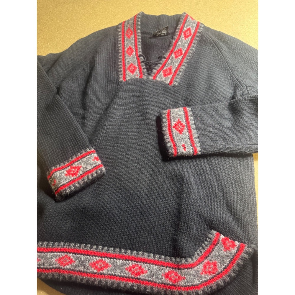 vtg Polo Jeans Co Ralph Lauren Wool Blend Lace Up Fair Isle Sweater Navy Red M - Picture 2 of 8
